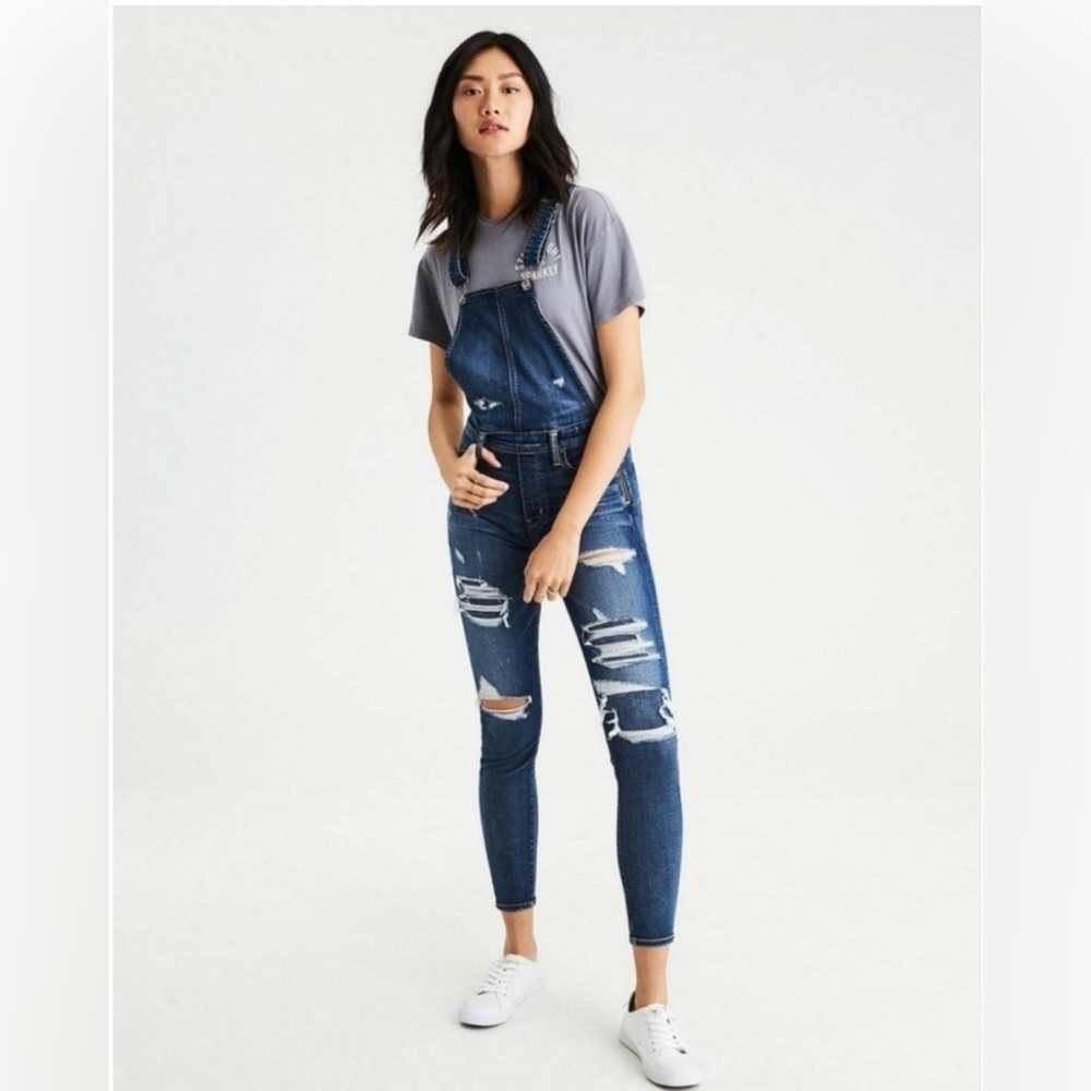American Eagle Super Stretch Jegging Distressed Denim Overalls Sz 2 Regular NWT